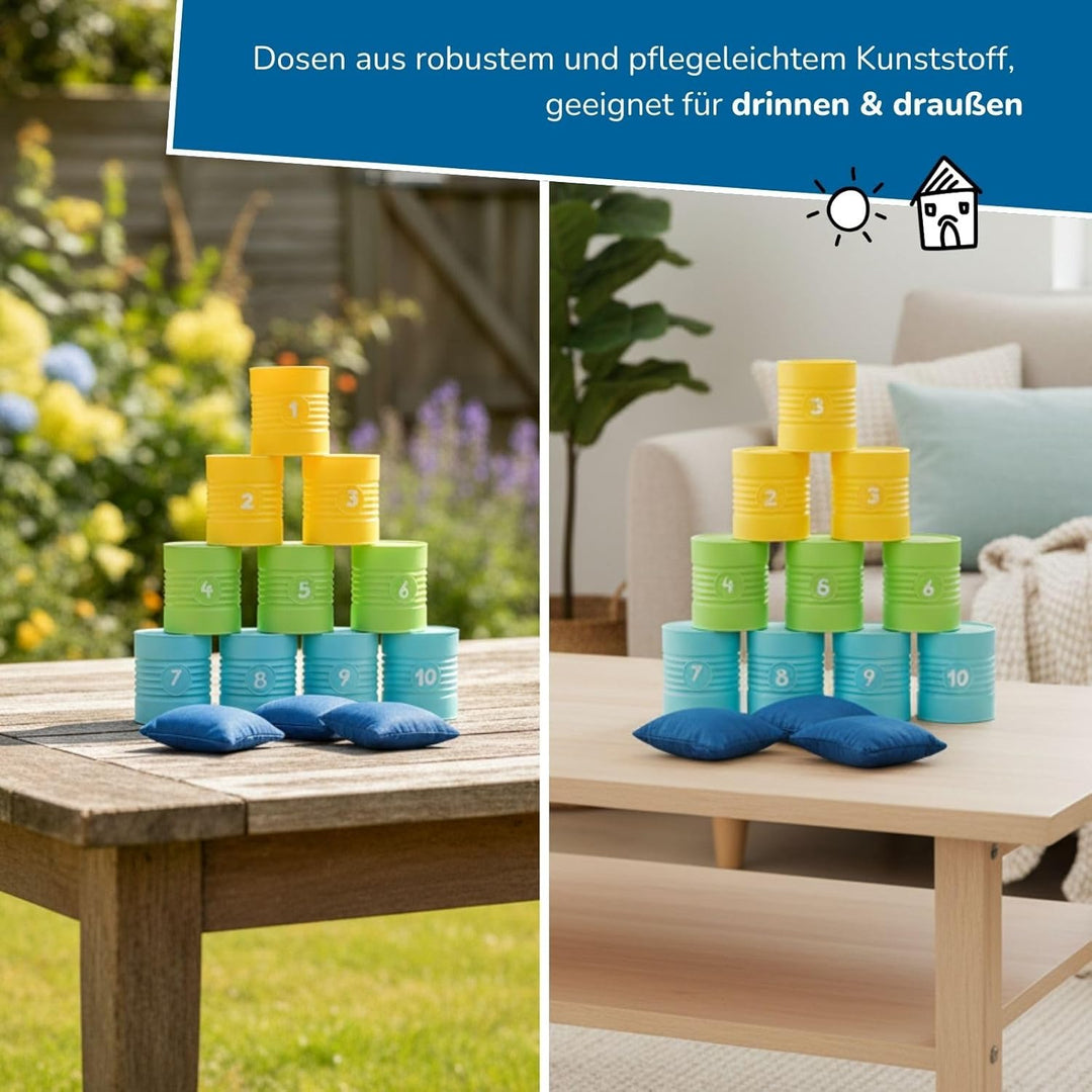 alldoro 60069 Dosenwerfen, Dosen-Wurfspiel, 10 nummerierte Kunststoff-Dosen & 3 Wurfsäckchen, für Ki