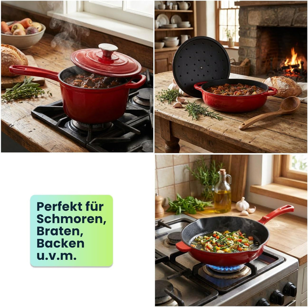 Profi Gusseisen Topfset 3-teilig, Set aus Pfanne, Kochtopf und Stielkasserolle, Emailliertes Kochges
