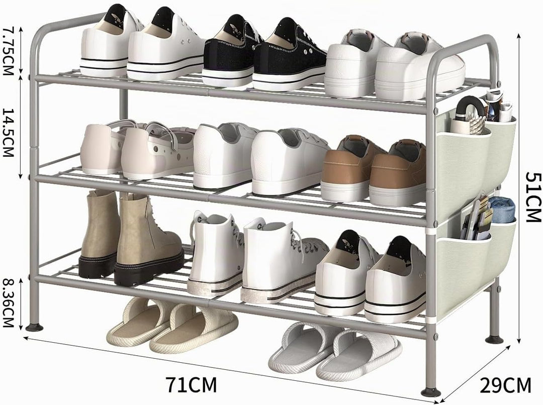 Schuhregal 3 Ebenen Schuhaufbewahrung Organizer Metall mit Seitentaschen für Flur, Schlafzimmer (Gra
