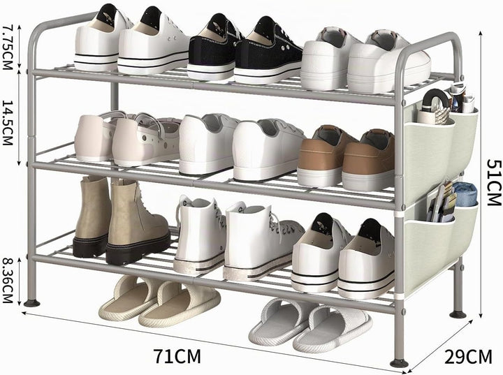 Schuhregal 3 Ebenen Schuhaufbewahrung Organizer Metall mit Seitentaschen für Flur, Schlafzimmer (Gra