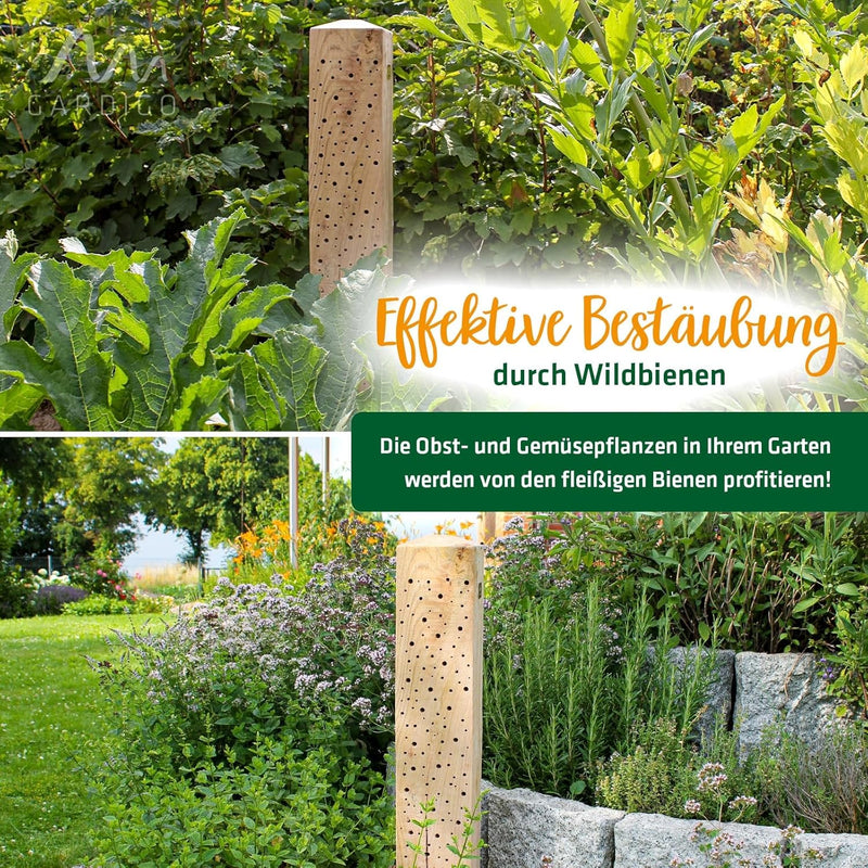 GARDIGO® Insektenhotel für Wildbienen | Unikat Bienenhotel Stamm ca 70 cm aus massivem Eichenholz |