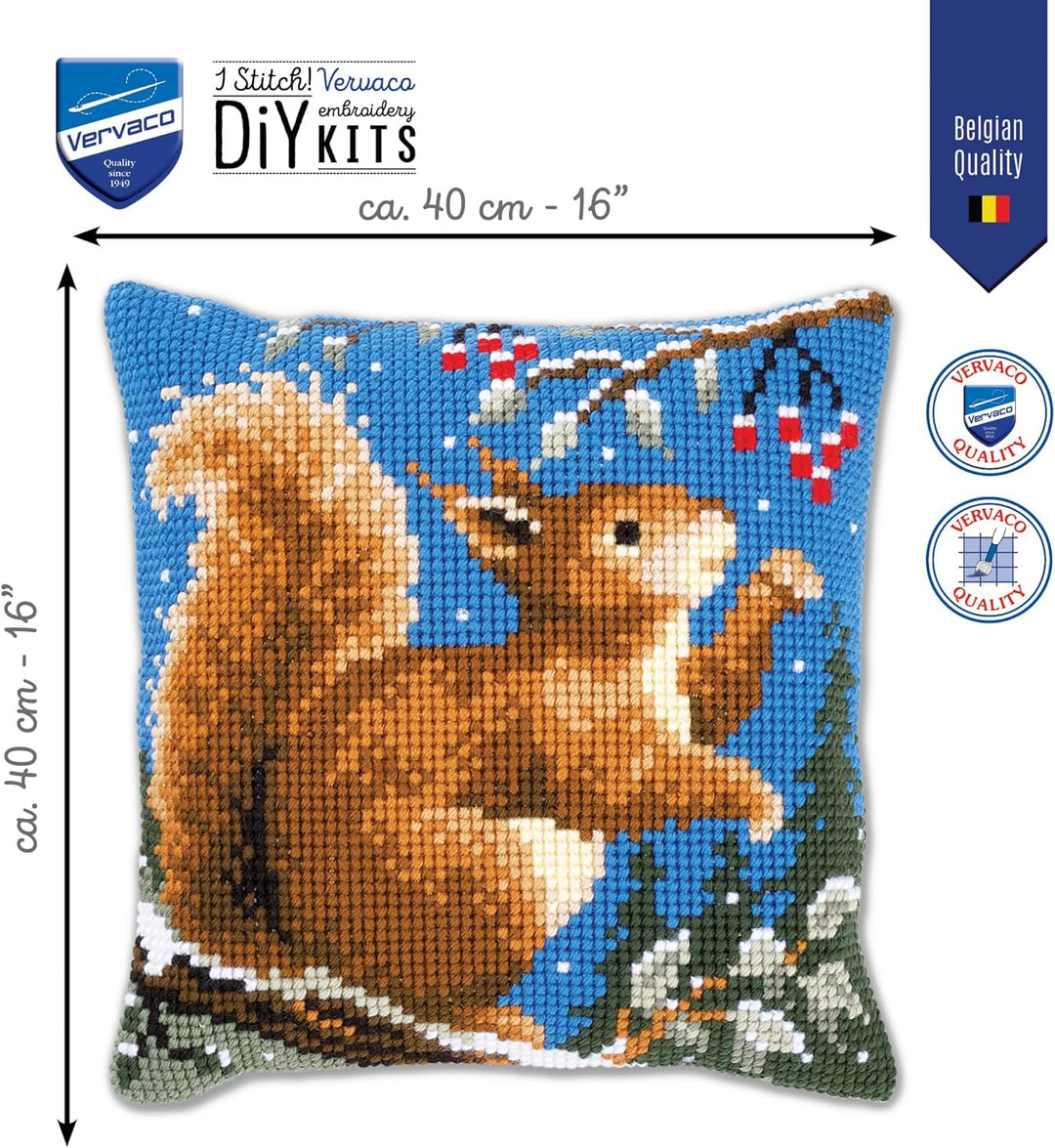 Vervaco Eichhörnchen im Winter Kreuzstichkissen, Stramin, Weiss, 40 x 40 x 0,3 cm