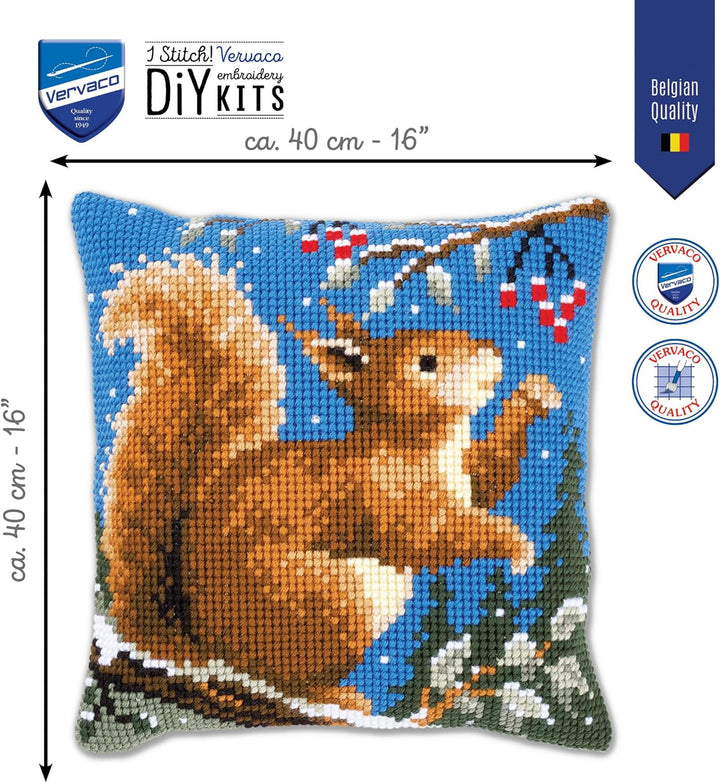 Vervaco Eichhörnchen im Winter Kreuzstichkissen, Stramin, Weiss, 40 x 40 x 0,3 cm
