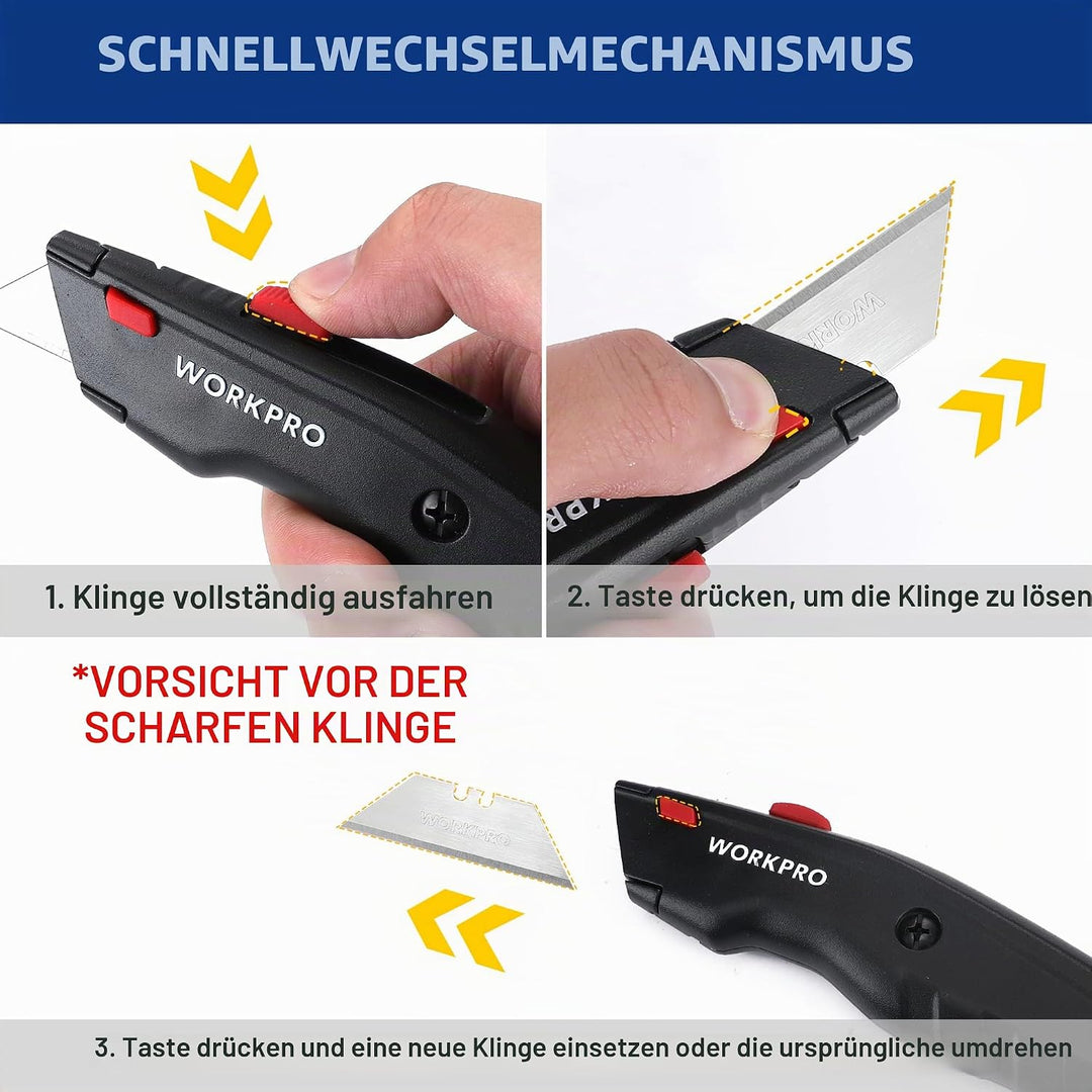 WORKPRO Premium Teppichmesser-Set, Einziehbarer Universalmesser aus Vollmetall, Strapazierfähiger Cu