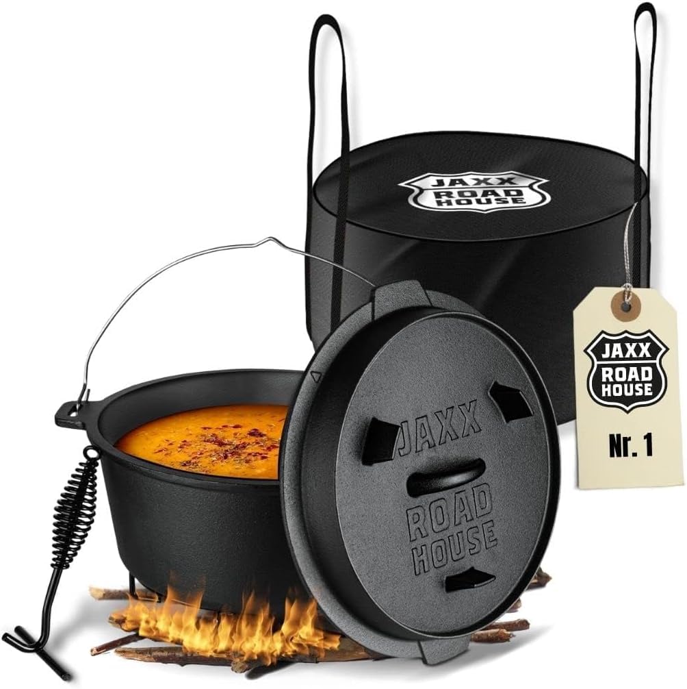 JAXX | 9 Liter Dutch Oven Set | Eingebrannter Feuertopf aus Gusseisen | Dutch Oven Zubehör inkl. Dec