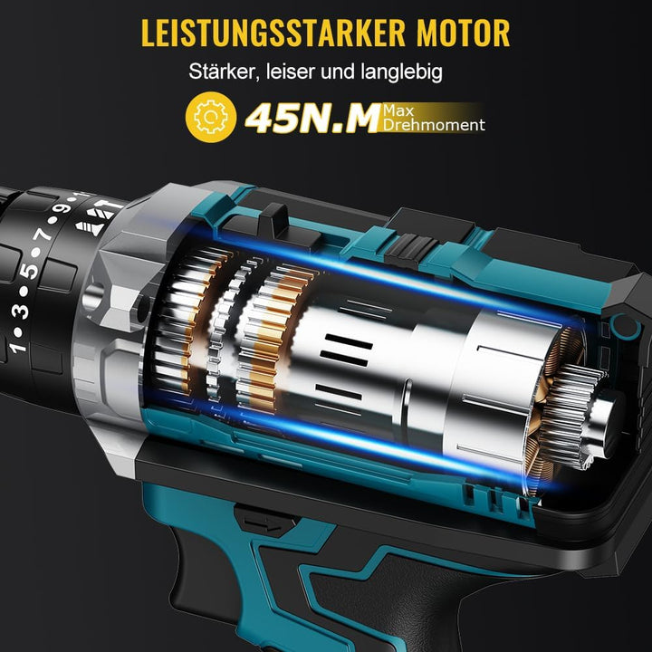 CONENTOOL 21V Akkuschrauber Set, Akku bohrschrauber mit 2x 2000mAh Akkus, 45 N.m Max schlagbohrschra