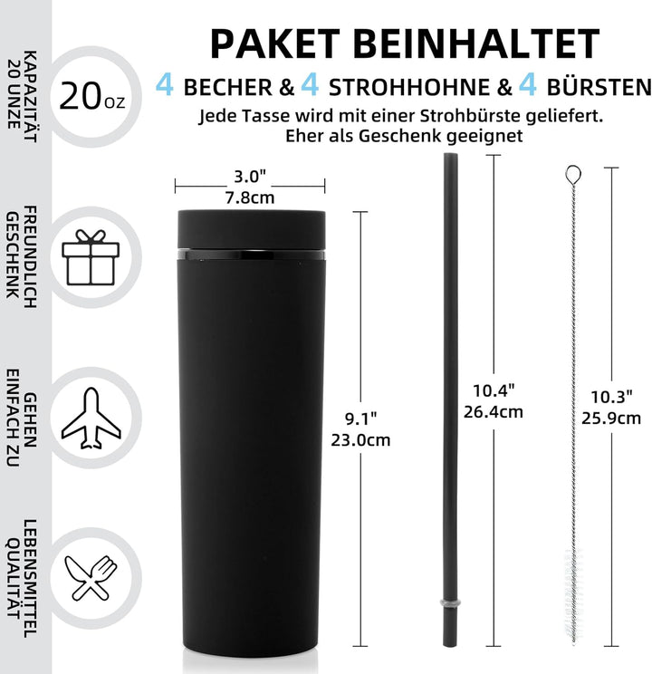 Volhoply 600 ml Trinkbecher mit Deckel und Strohhalm Zehnerpack,20oz Doppelwandiger Wiederverwendbar