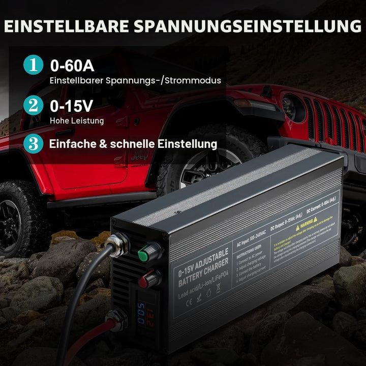 14,6V 60A LiFePO4 Ladegerät, Batterieladegerät 0-15V/0-60A einstellbare, Schnelles Aufladen 12V Akku