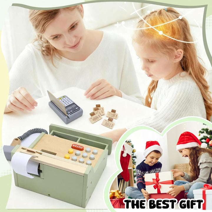 Holz Kaufladen Kasse mit Scanner, Zahlungsterminal, Spielgeld, Rollenspiel Zubehör für Kinder ab 3 J