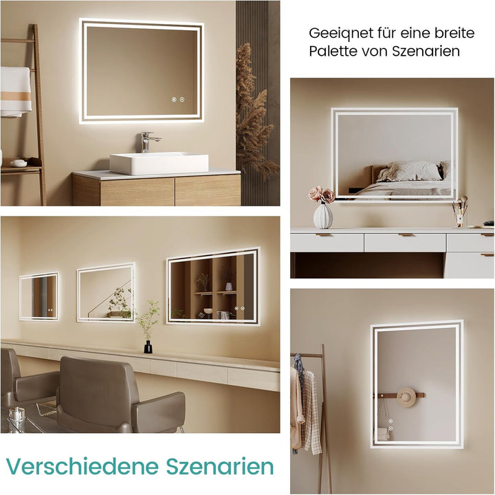 EMKE Badspiegel mit Beleuchtung 60x50cm, Badezimmerspiegel mit Touch, Antibeschlag, Kaltweiss Licht