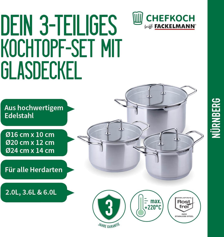 Chefkoch trifft Fackelmann Kochtopf-Set mit Glasdeckel Ø16, 20, 24cm – Aus Premium Edelstahl mit Alu