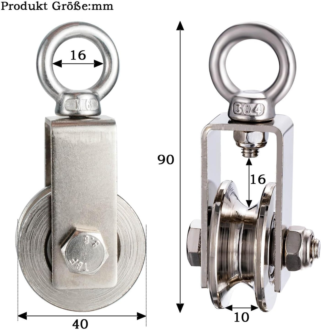 40mm Umlenkrolle mit 2 Kugellager, Edelstahl Fitness flaschenzug，Umlenkrollen für 8mm Seile Stahlsei