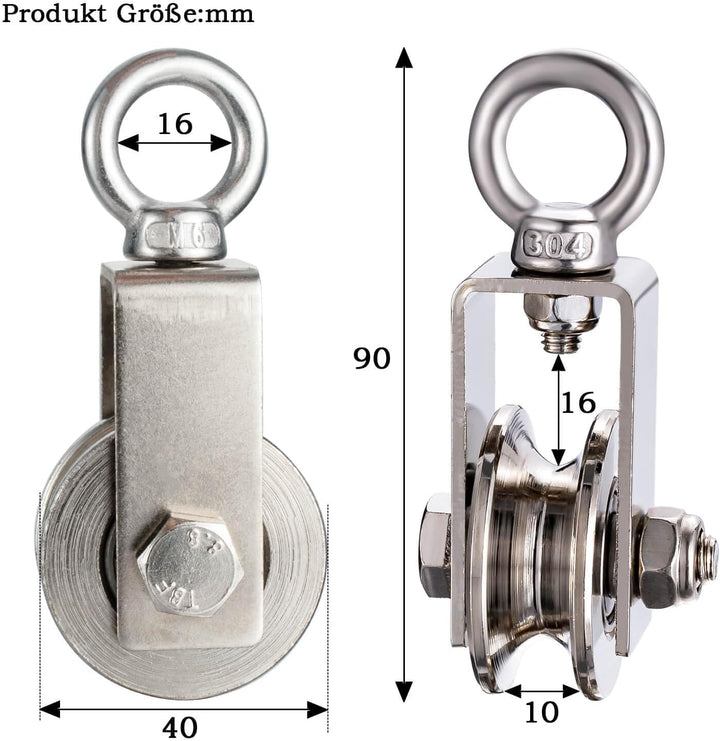 40mm Umlenkrolle mit 2 Kugellager, Edelstahl Fitness flaschenzug，Umlenkrollen für 8mm Seile Stahlsei
