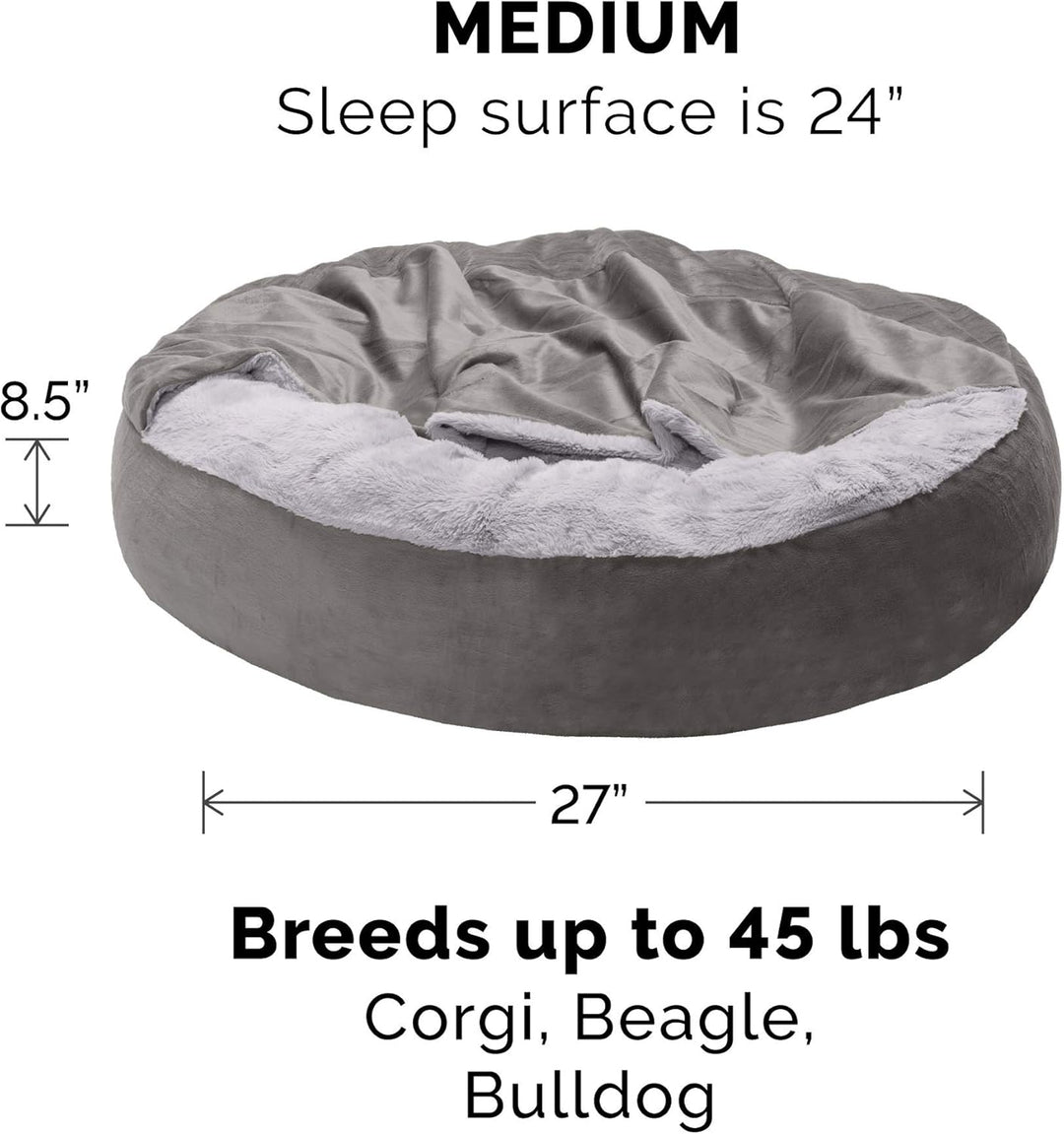 Furhaven 27" Round Medium Donut Dog Bed Plush Velvet Waves Hooded Calming Cuddler, Washable - Dark G