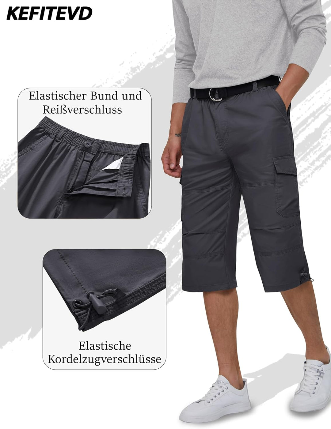 KEFITEVD 3/4 Hose Herren Cargo Shorts Männer Bermuda Shorts Multi Taschen Sommer Kurze Hose Baumwoll