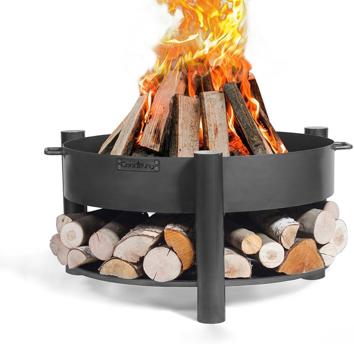 CookKing Stahl Feuerschale Montana | Ø 88x45 cm, Schwarz, Inkl. Holzlager | Robust &amp; Windgeschützt |