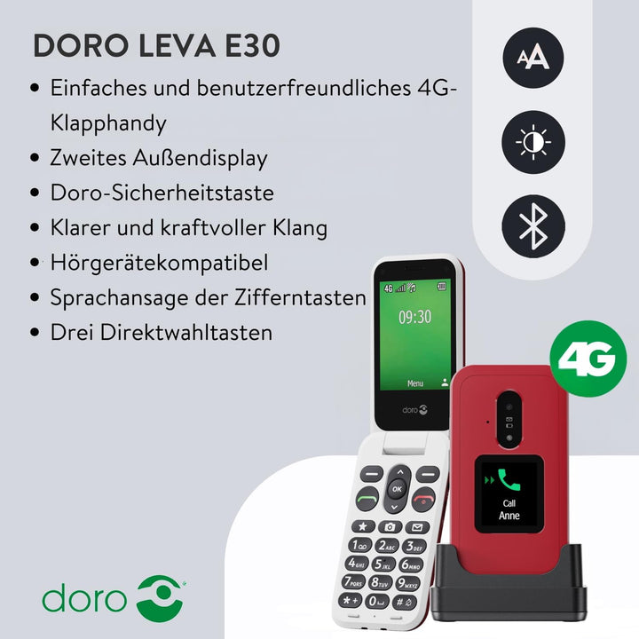 DORO Telefon – Doro Leva E30 – 4G Klapphandy für Senioren – 2,8 Zoll Display, externes Display, kont