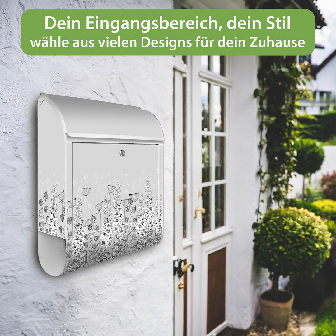 banjado® Design Briefkasten mit Motiv Wegesrand 39x47x14cm &amp; 2 Schlüssel - Briefkasten Stahl weiss m
