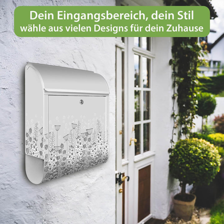 banjado® Design Briefkasten mit Motiv Wegesrand 39x47x14cm &amp; 2 Schlüssel - Briefkasten Stahl weiss m