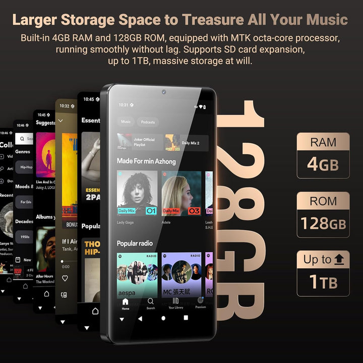 128GB MP3 Player mit Bluetooth WiFi und Kamera, Android 13.0 Spotify MP3 Musik Player mit Lautsprech