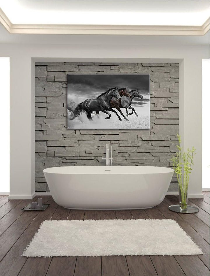 drei Westernpferde im Sand schwarz/weiss Format: 100x70 auf Leinwand, XXL riesige Bilder fertig gera