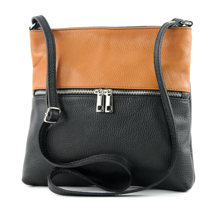 modamoda de - T144 - ital Umhängetasche Schultertasche aus Leder Schwarz/Camel, Schwarz/Camel