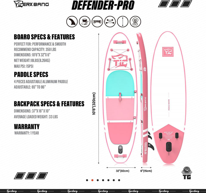 TIGERXBANG SUP Boards Stand Up Paddling Board, aufblasbare Paddle-Boards Defender-Pro-Kollektion Ros