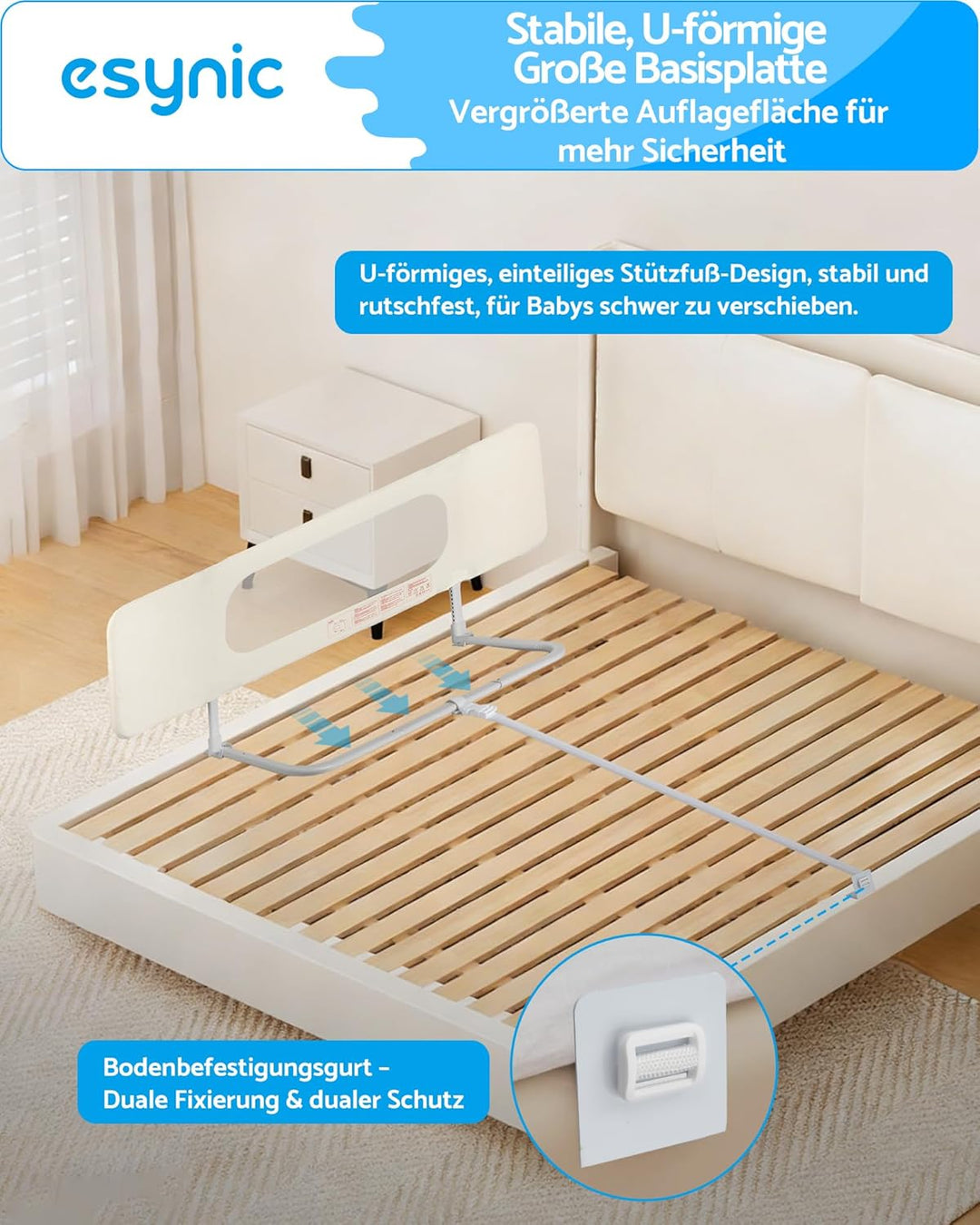 eSynic Tragbares Bettschutzgitter 150 cm Cremeweiss Bettgitter Mobiler Rausfallschutz für Kinder & K