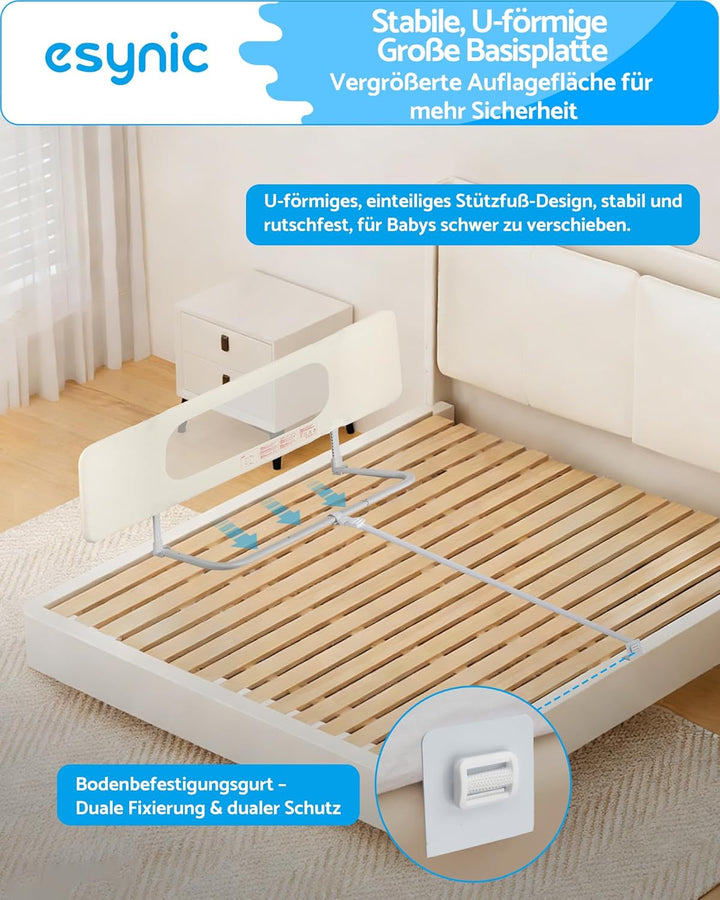 eSynic Tragbares Bettschutzgitter 150 cm Cremeweiss Bettgitter Mobiler Rausfallschutz für Kinder & K