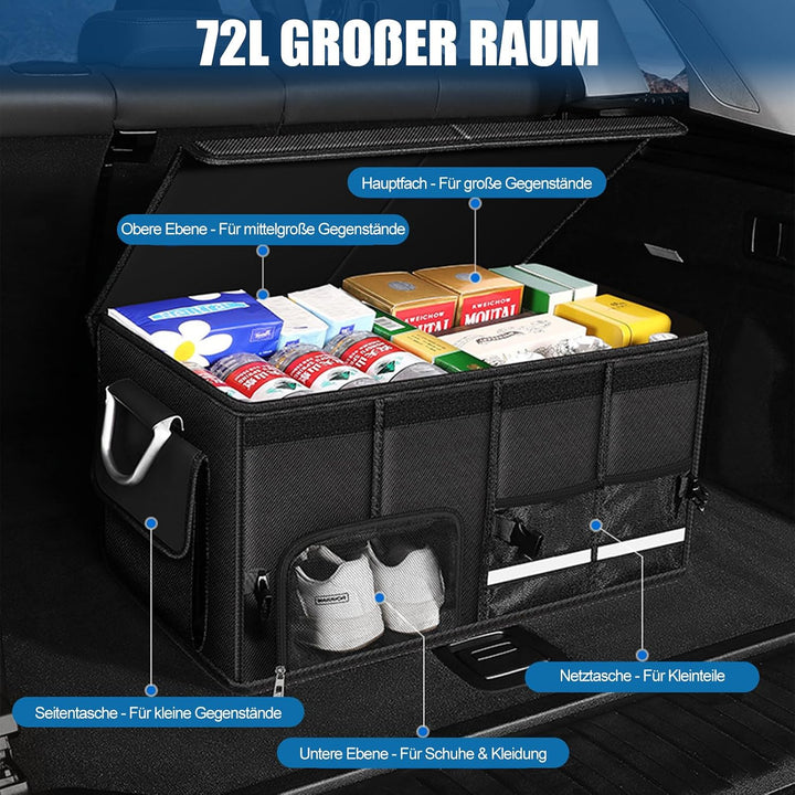 Kofferraum Organizer mit Deckel &amp; Schuhfach Faltbare Auto Kofferraumtasche | 65L mit Fächern Taschen