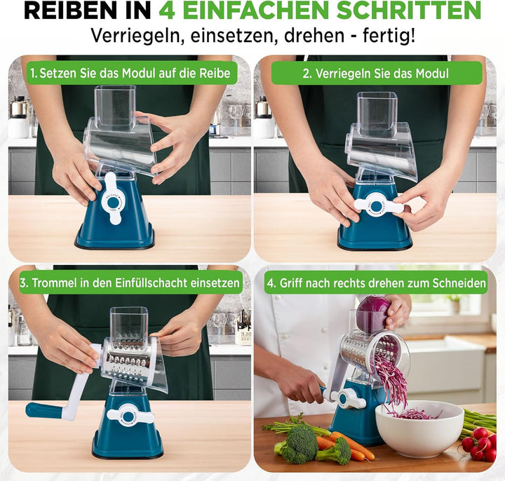 NutriChef 3-in-1 Käsereibe mit Handkurbel – Kompakte Trommelreibe für Käse & Gemüse – 3 Schneidetrom