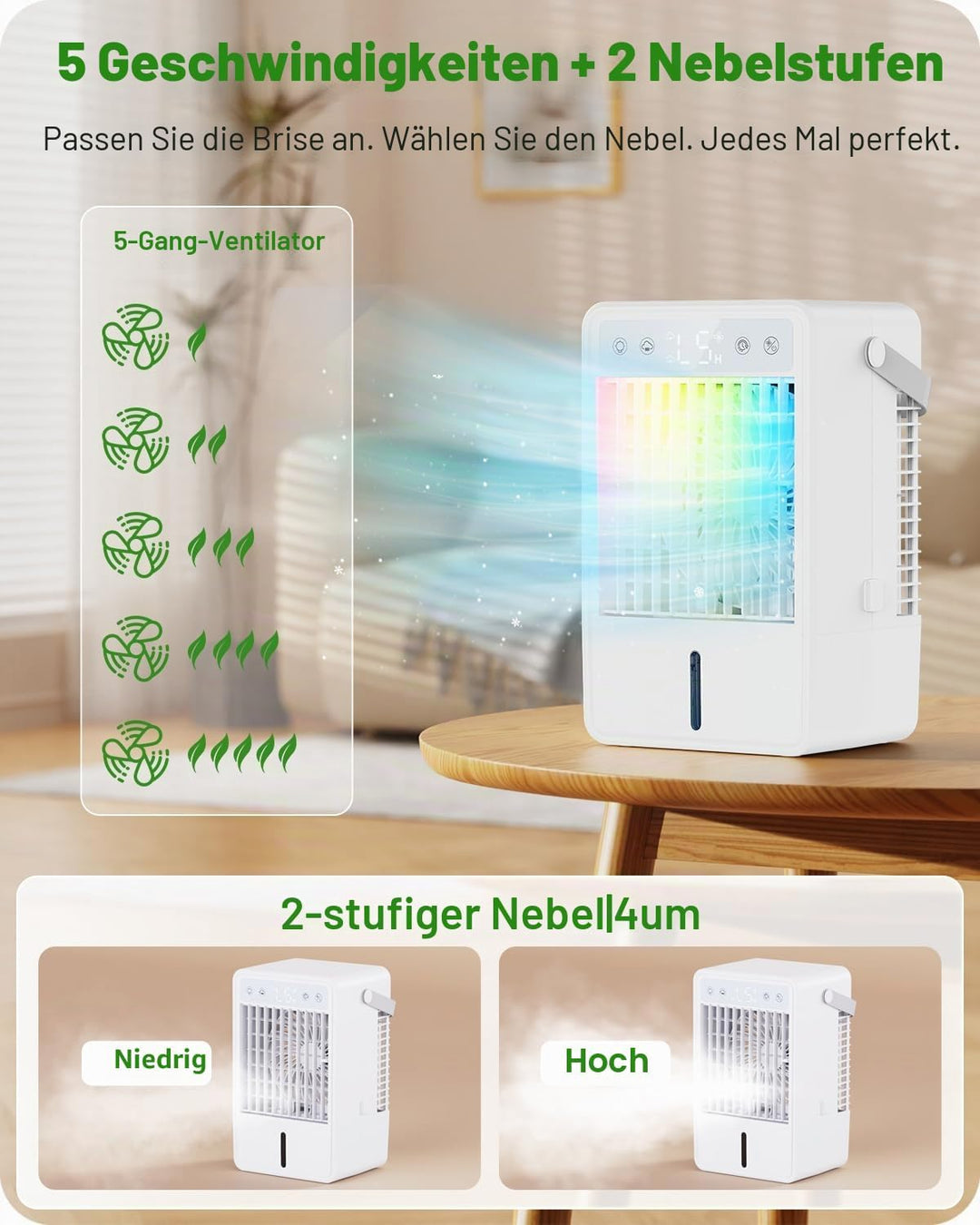 Mobile Klimaanlage mit 1500ML Wassertank, Mobiles Klimagerät mit 5 Gebläsestufen und 3 Betriebsarten