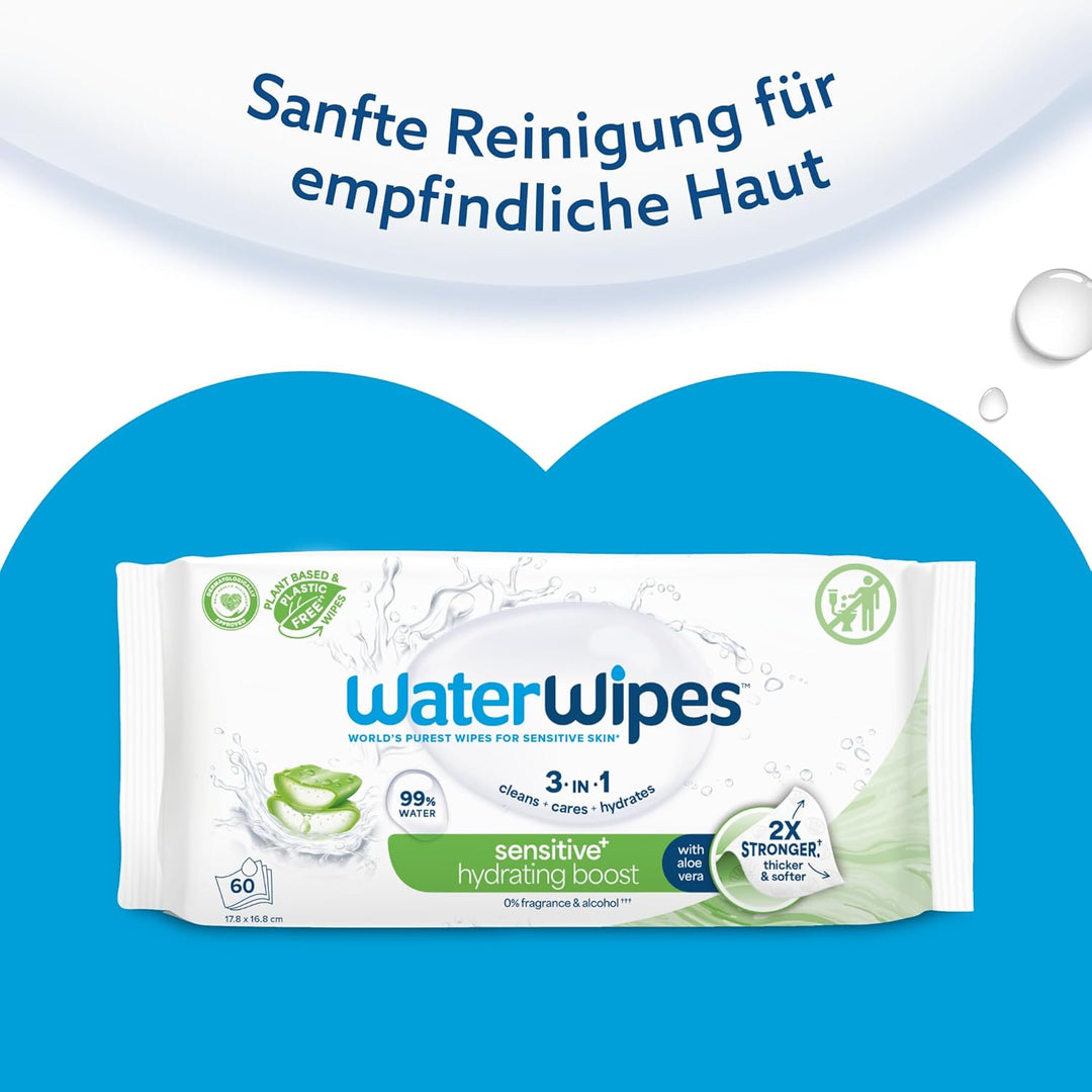 WaterWipes Sensitive+ Hydrating Boost Wipes, Feuchtigkeitsspendende Tücher, 360 Stück (6 Packungen),