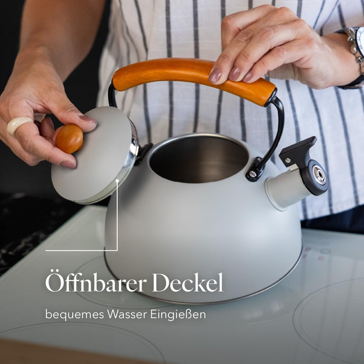 Florina Wooden Wasserkessel Induktion, Flötenkessel, Alle Herdarten, 2,3 L, Edelstahl Teekessel, Hol