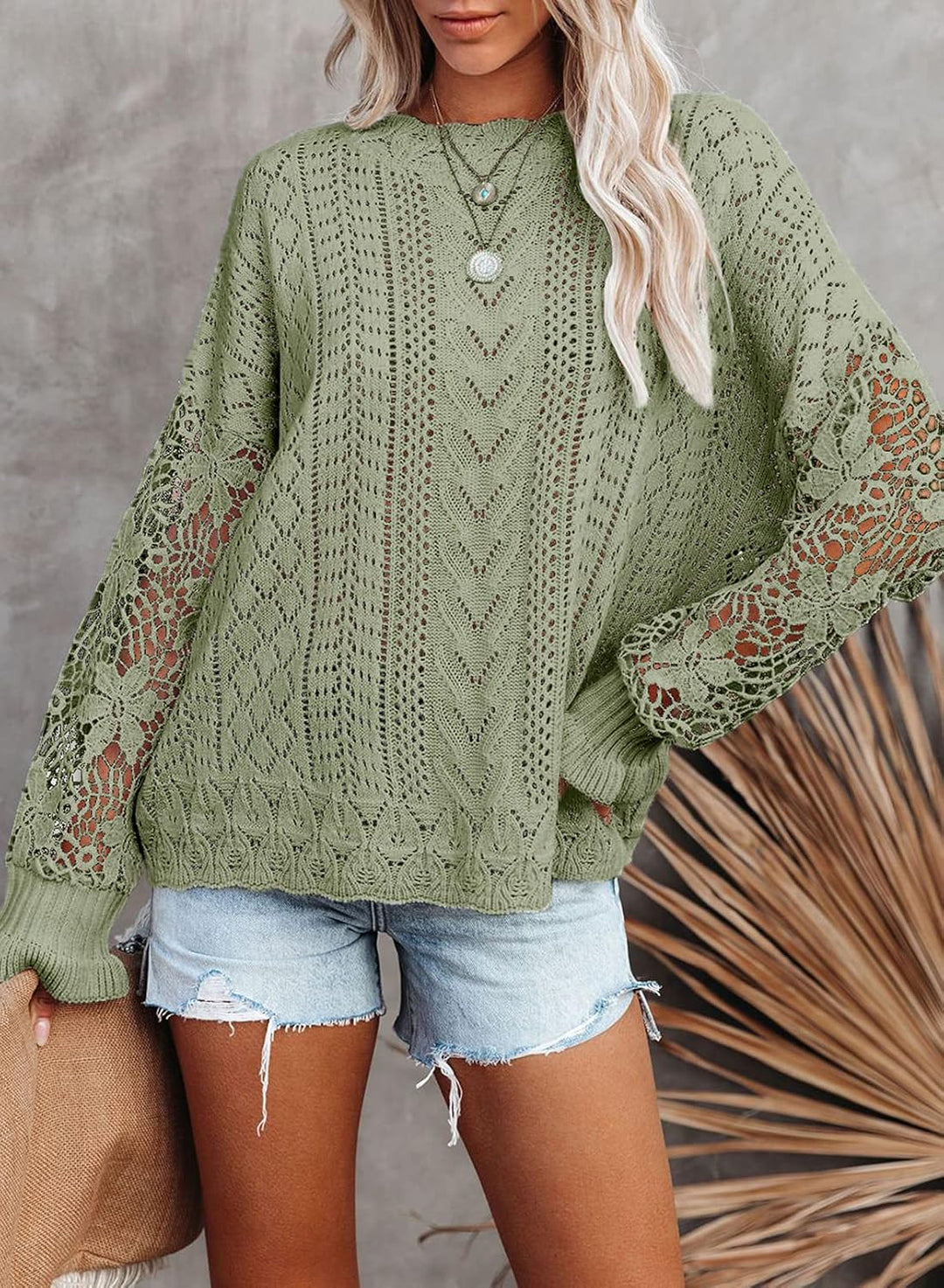 Maavoki Pullover Damen Spitze Strickpullover Lässige Rundhals Lace Langarm Häkelpullover Elegantes E