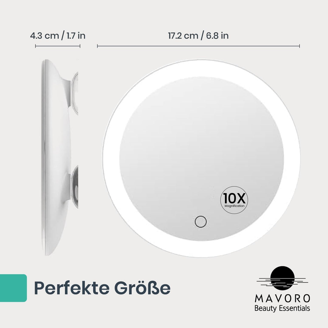 Mavoro 17cm LED Vergrösserungsspiegel mit 3 starken Saugnäpfen | 10X Vergrösserung | Tragbarer beleu