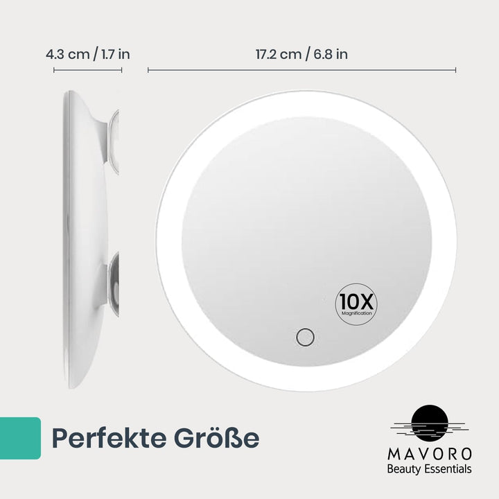 Mavoro 17cm LED Vergrösserungsspiegel mit 3 starken Saugnäpfen | 10X Vergrösserung | Tragbarer beleu