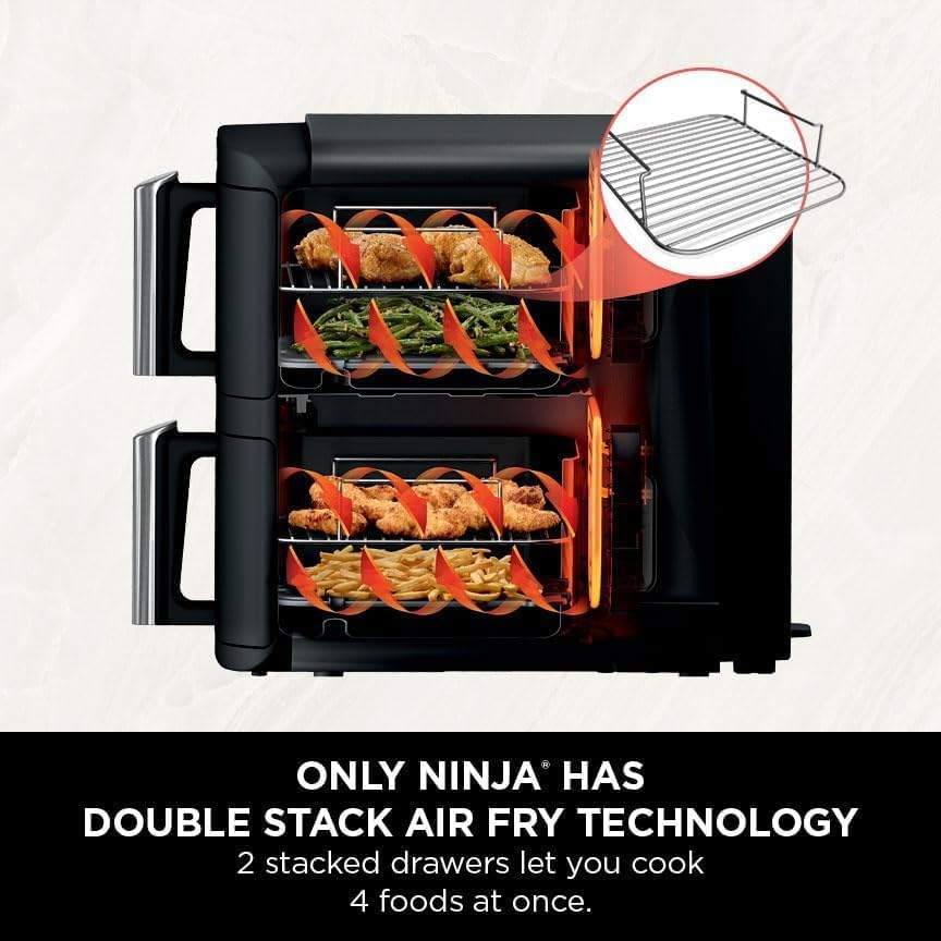 Ninja Doppelstapel-Luftfritteuse, vertikale Doppelschublade, Luftfritteuse mit 4 Kochstufen, 2 Schub