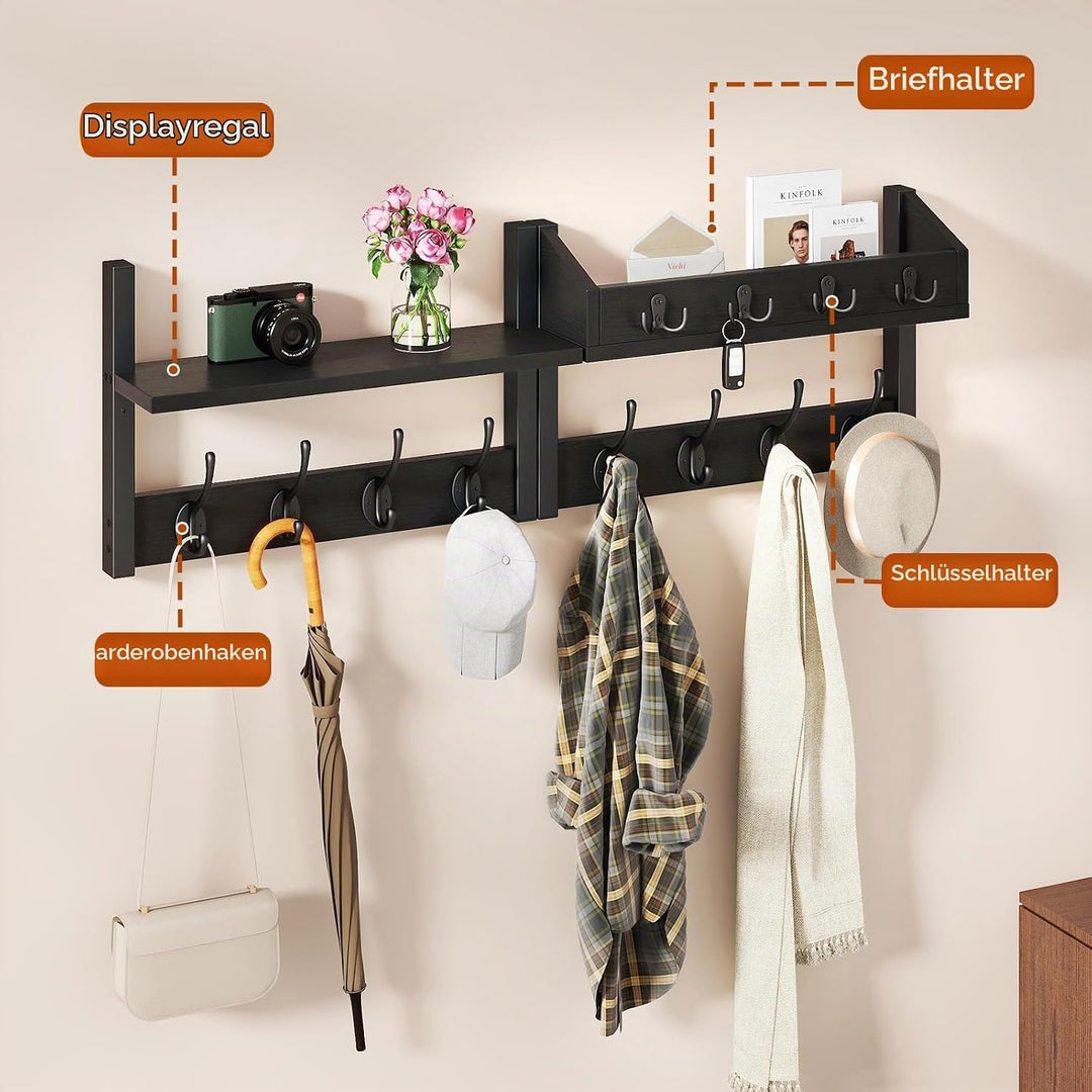 YMYNY 4-in-1 Wandgarderobe mit Ablage, Garderobenleiste Schlüsselbrett Holz, Gaderobe Wand für Flur,