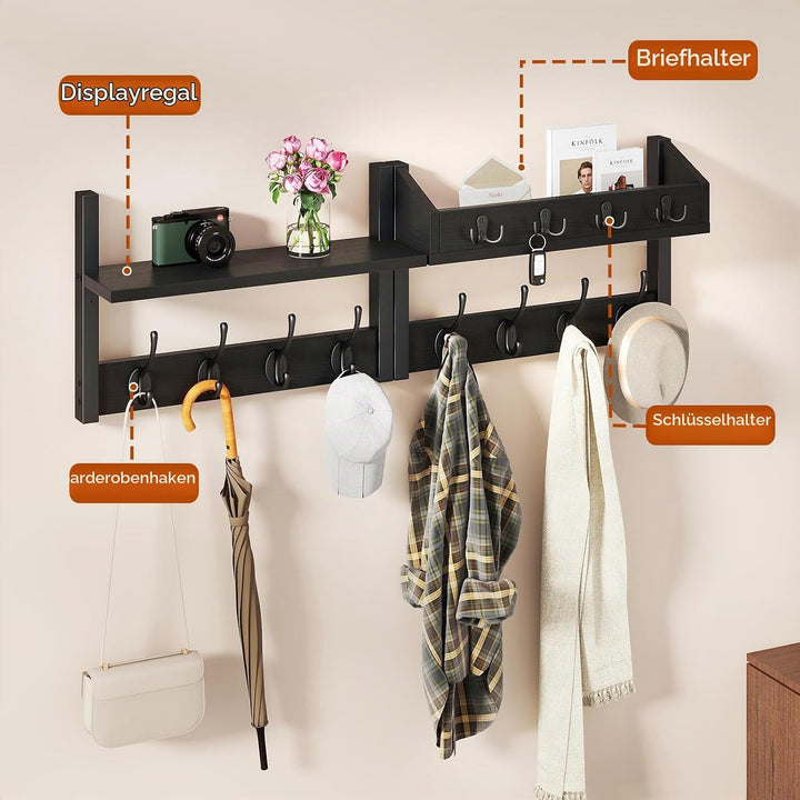 YMYNY 4-in-1 Wandgarderobe mit Ablage, Garderobenleiste Schlüsselbrett Holz, Gaderobe Wand für Flur,