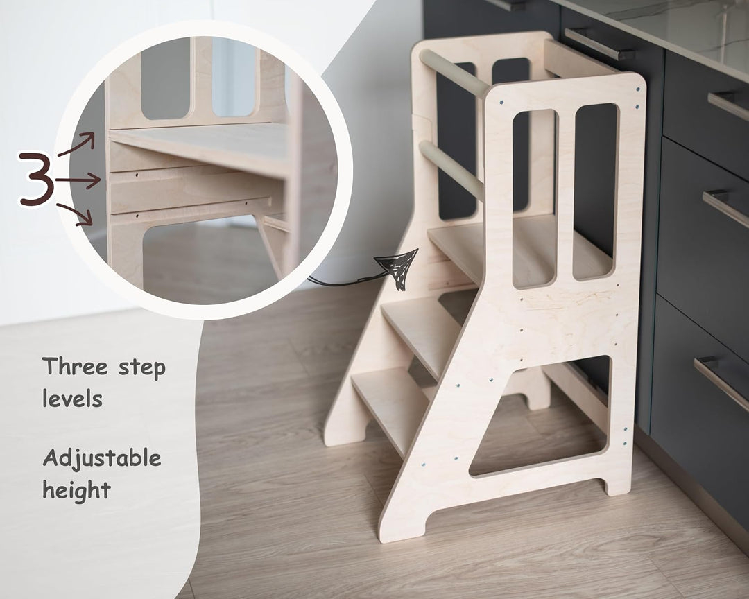 Montessori Lernturm für Kleinkinder - Verstellbarer 3-stufiger Küchenhocker Helfer - Baltisches Birk