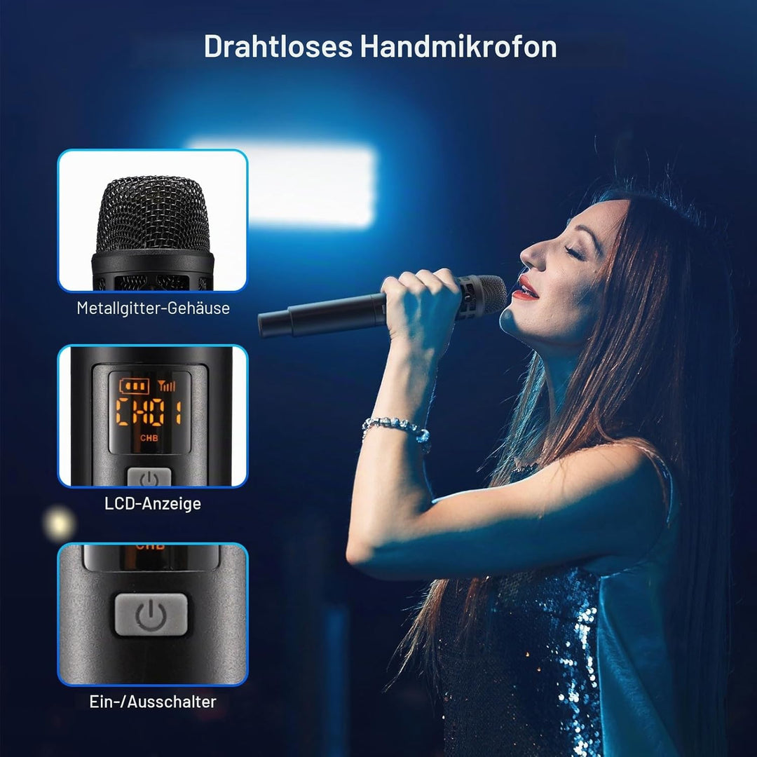 JAMELO Drahtloses Mikrofon, Dual Funkmikrofone und Empfänger, Professionelles UHF Handmikrofon Syste