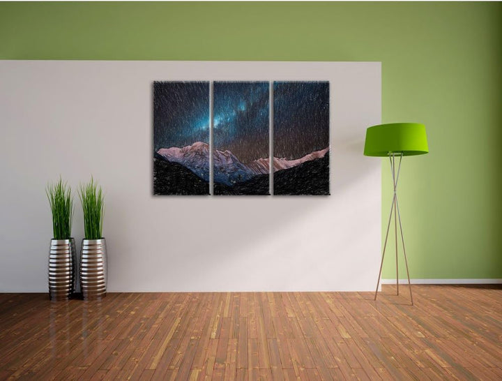 Pixxprint Annapurna bei Nacht / 3-Teilig/Gesamtmass 120cm Leinwandbild bespannt auf Holzrahmen/Wandb
