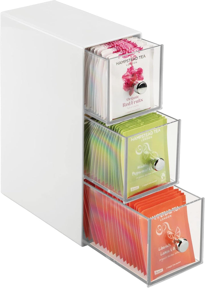 mDesign Küchen Organizer mit 3 Schubladen - Aufbewahrungsbox für Teebeutel, Kaffeepads, Süssungsmitt