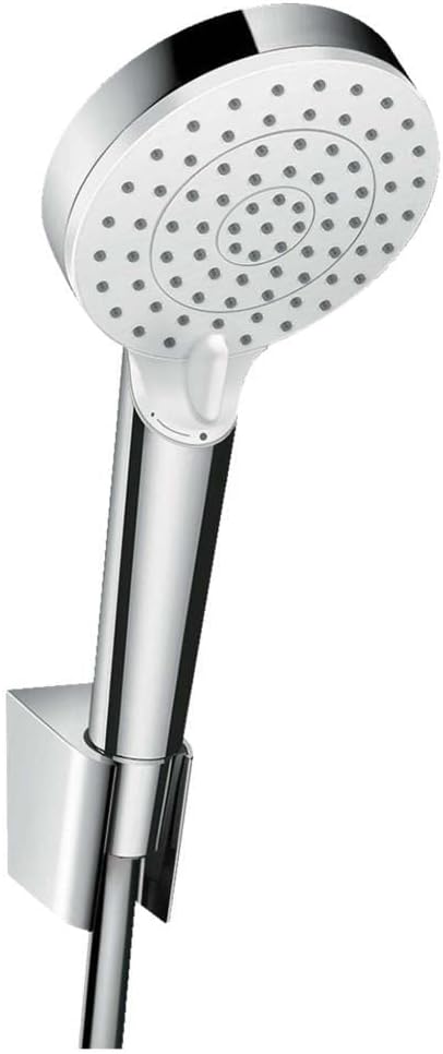 hansgrohe Crometta Duschkopf inkl. Duschkopfhalterung, 2 Strahlarten, Weiss/Chrom Set mit Brauseschl
