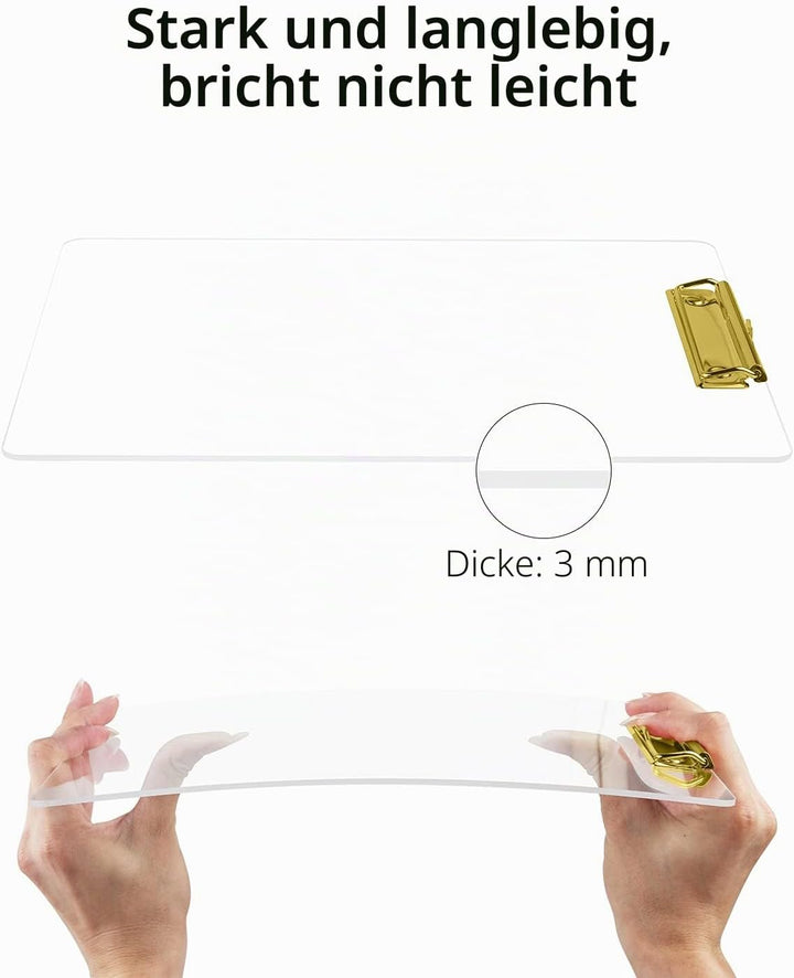 MSDADA Schreibmappe mit Golden Metalklemme, Acryl Transparent Klemmbrett Grösse A4 hoch Klemmbrettma