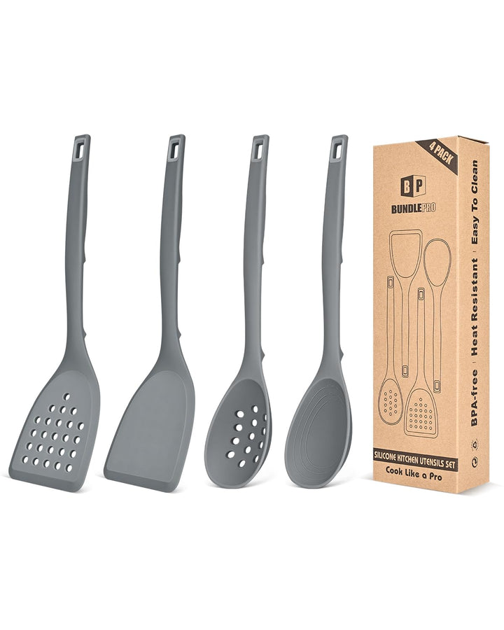 Packung von 4 Silikon Kochgeräte Set, Non-Stick-Festspalten und hitzebeständige Schlitzlöffel mit Rü