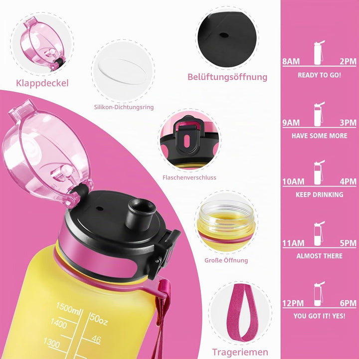 HoneyHolly Trinkflasche 1500ML, Auslaufsicher mit Zeitmarkierung, Water Bottle, Trinkflaschen mit Fi