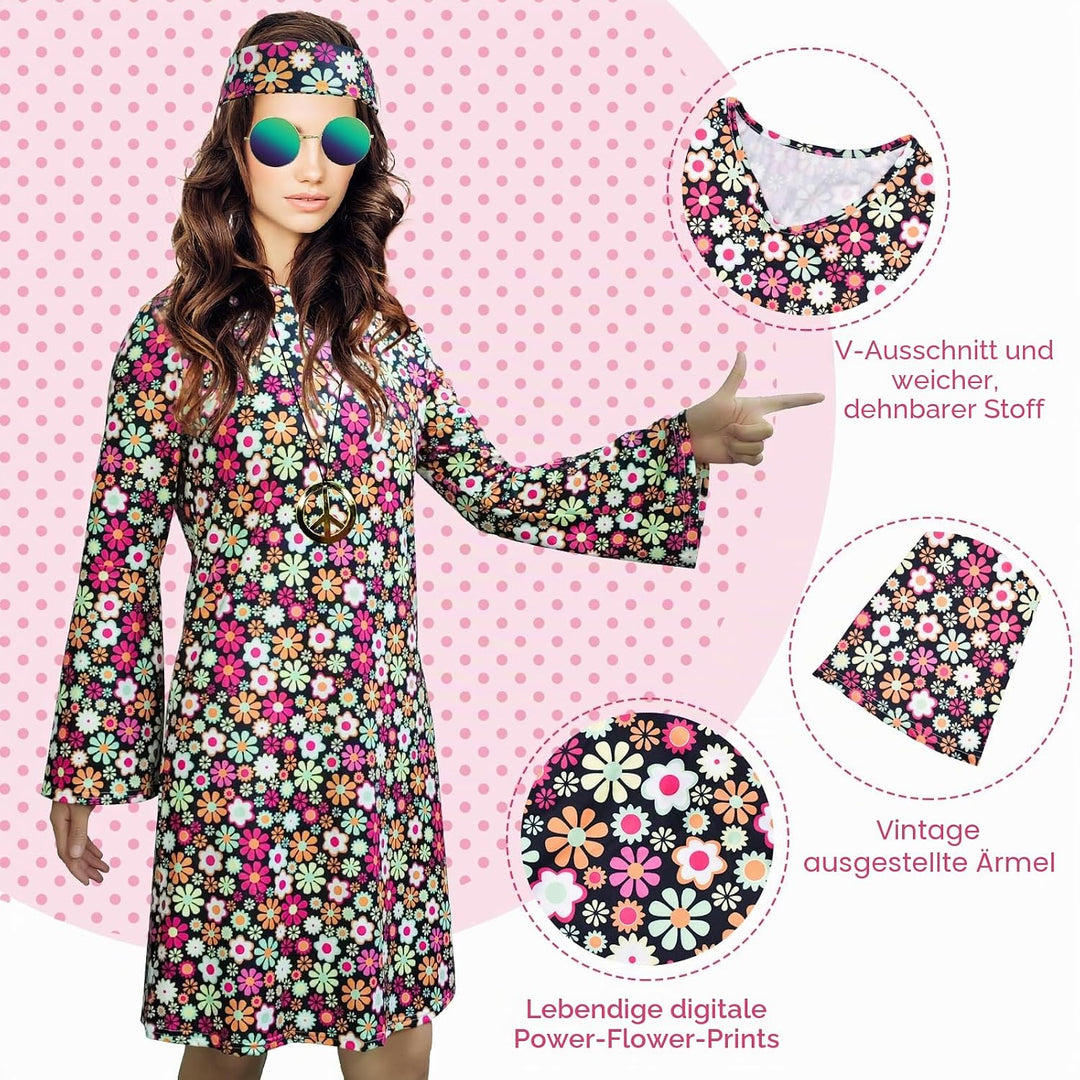 Damen-Hippie-Kleid, 1970er-Kostüm, mit Halskette, Ohrringen, Sonnenbrille, Disco-Outfit, 1960er-Part