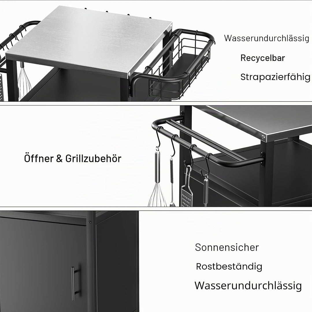 Edelstahl Grillwagen 3-Etagen, Grilltisch Outdoor mit Schrank, Outdoorküche mit 2 Rollen, 4 Haken &amp;